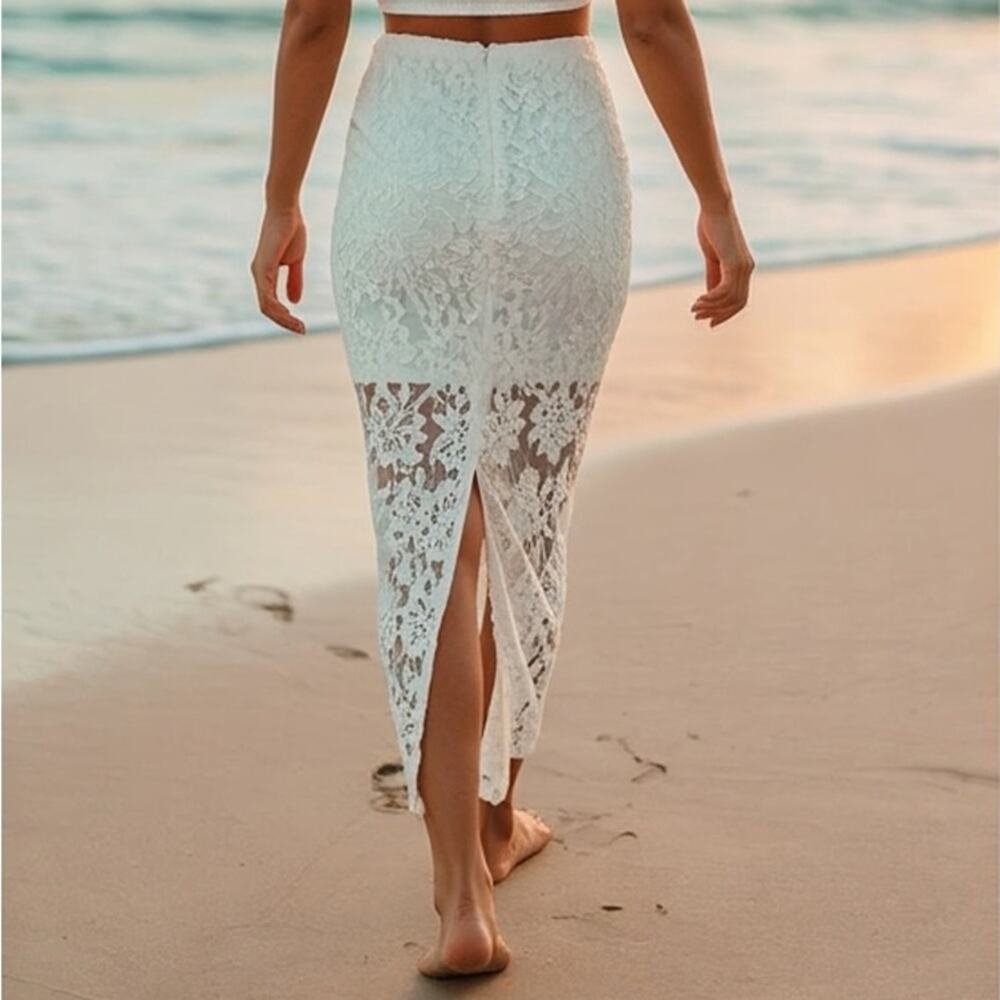 NWT Rumer Tropez White Lace Bridal Beach Wedding Maxi Skirt and Crop Top Size XS - Picture 9 of 11
